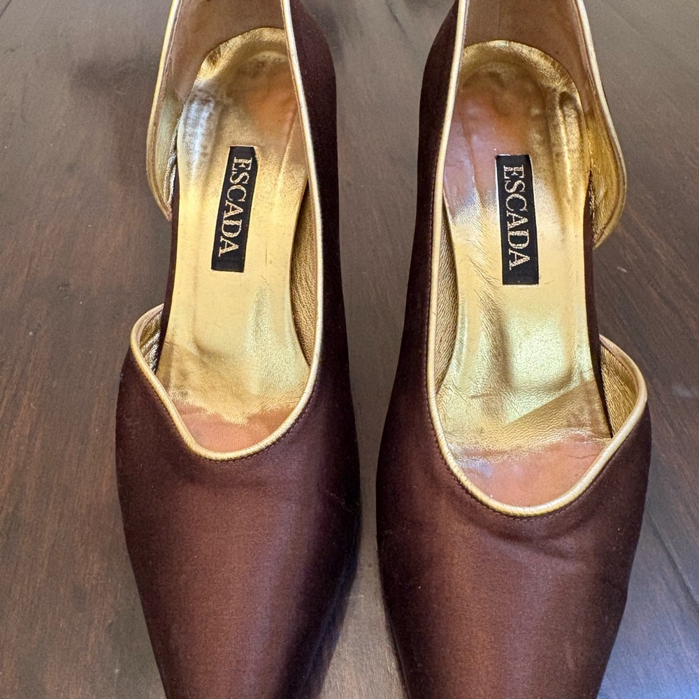 Escada Chocolate Brown Heels with Gold Trim